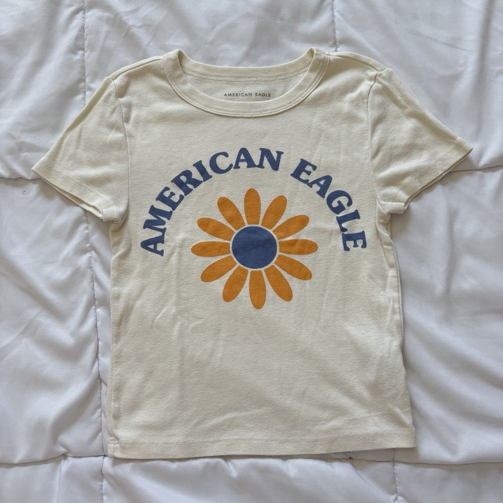 American Eagle Cropped Baby Tee Womens Small White Floral Cotton Summer Hippie
